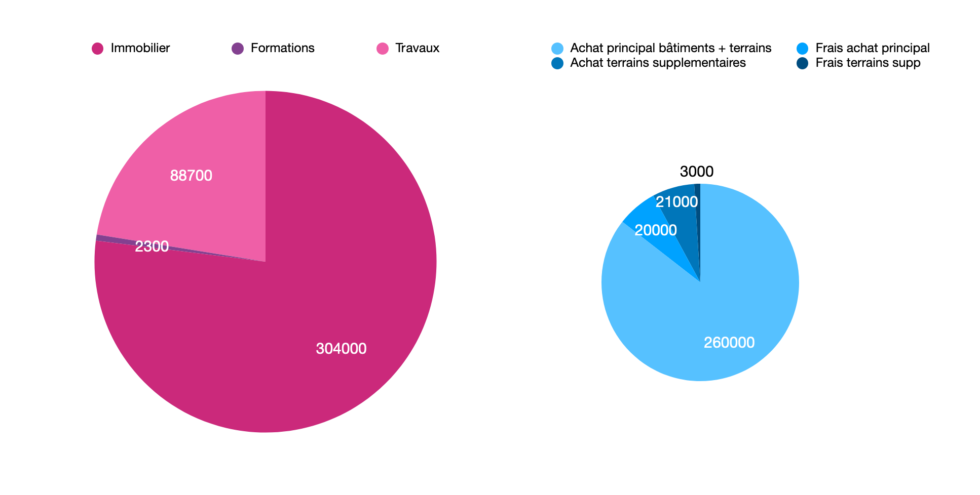 Répartition des dépenses de l'Abri des Sourires : 304000 euros immobilier, 88700 euros travaux, 2300 euros formation